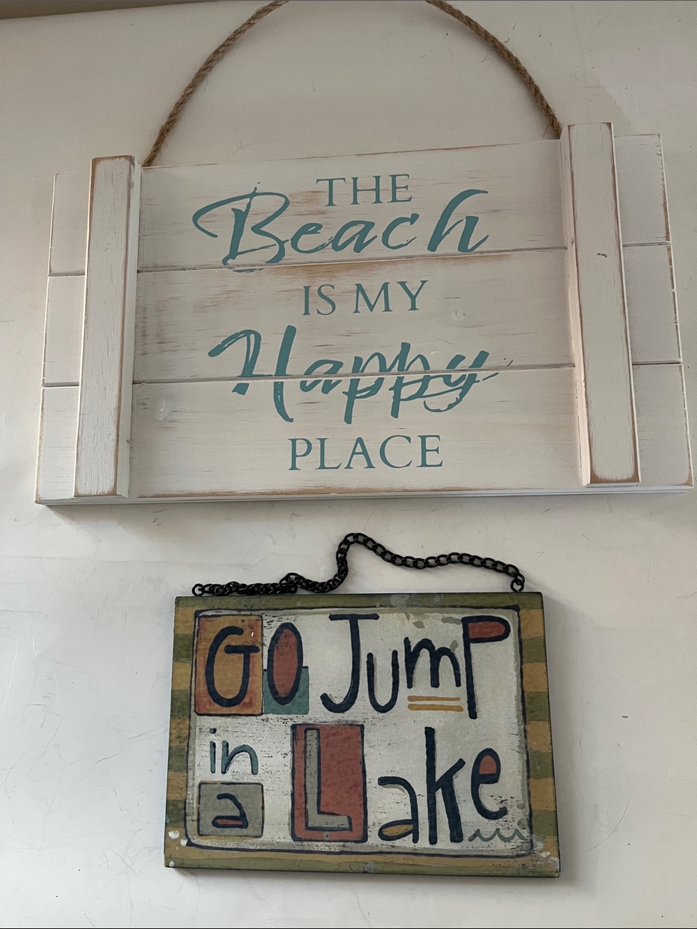 Beach Happy Place & Go Jump In A Lake Wall Signs 1 new, 1 vintage